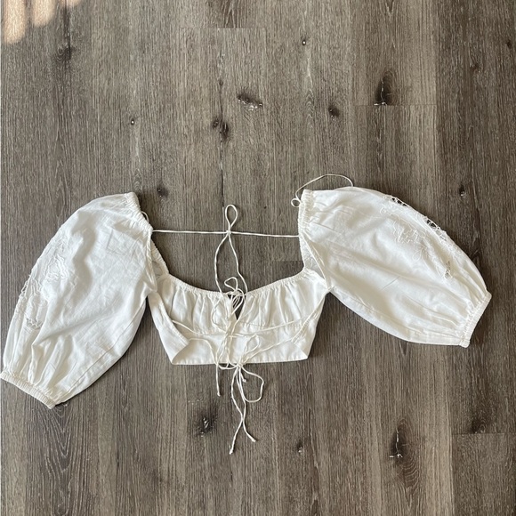 Zara White Puff Sleeve Crop Blouse with Tie Front - Picture 4 of 5